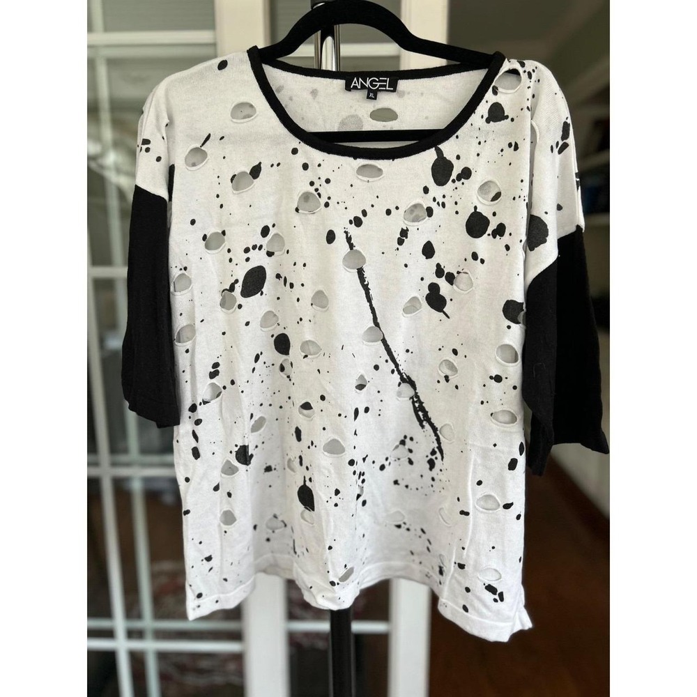 Angel Apparel Black White Paint Splatter Distressed Thin Sweater Top XL